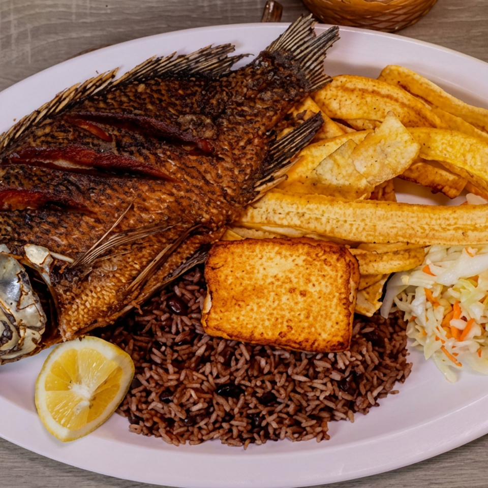 Whole fried fish served with rice, fried plantains, a golden side, cabbage slaw, and lemon on a platter.