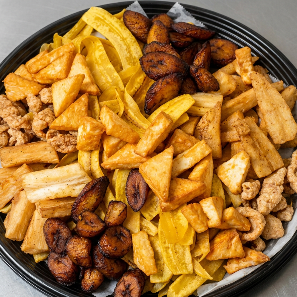 Black platter piled with assorted fried snacks, plantain slices, cassava sticks, corn chips, and savory pastries.