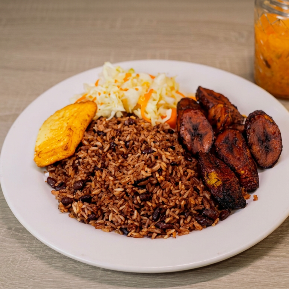 Plate of rice and beans with fried plantains, shredded cabbage, and grilled meat beside a jar of orange salsa.
