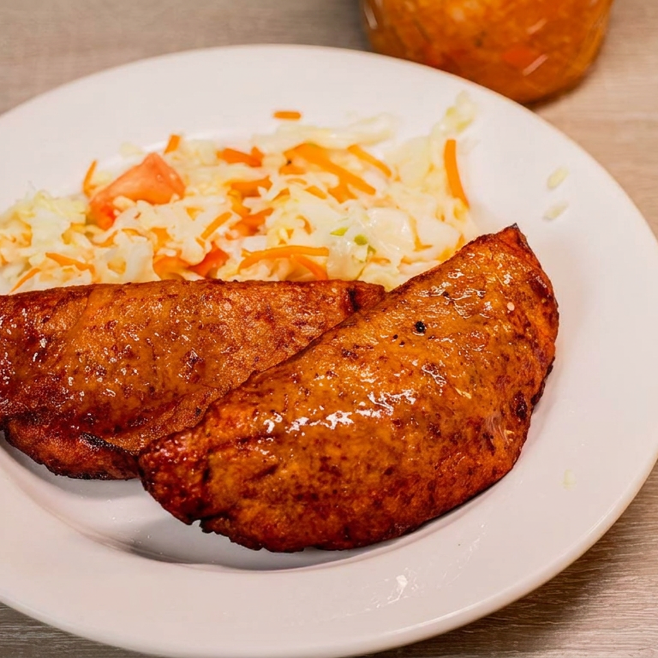 Two golden-brown fried empanadas served with shredded cabbage and carrot salad on a white plate.