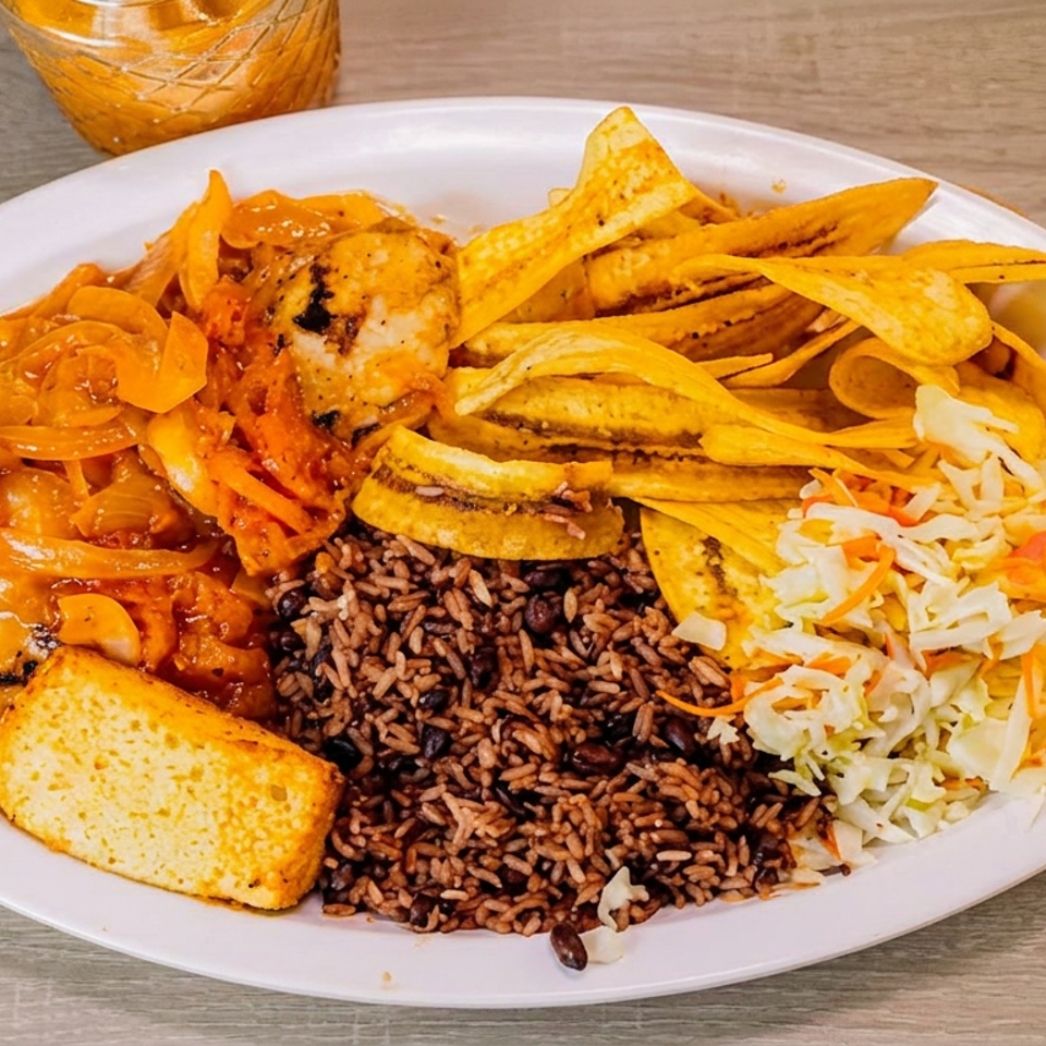 Plate of Caribbean-style stewed chicken, black beans and rice, fried plantains, coleslaw, and cornbread on a wooden table.